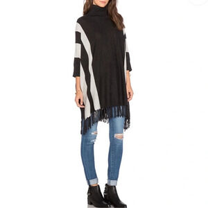 525 America Oversized Sweater Poncho Cape Striped Turtle Neck Fringe Flowy OS